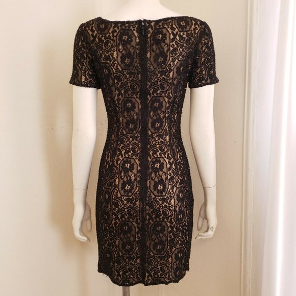OLEG CASSINI BLACK TIE Size 4 Black & Beige LACE SEQUIN COCKTAIL DRESS - Picture 11 of 11